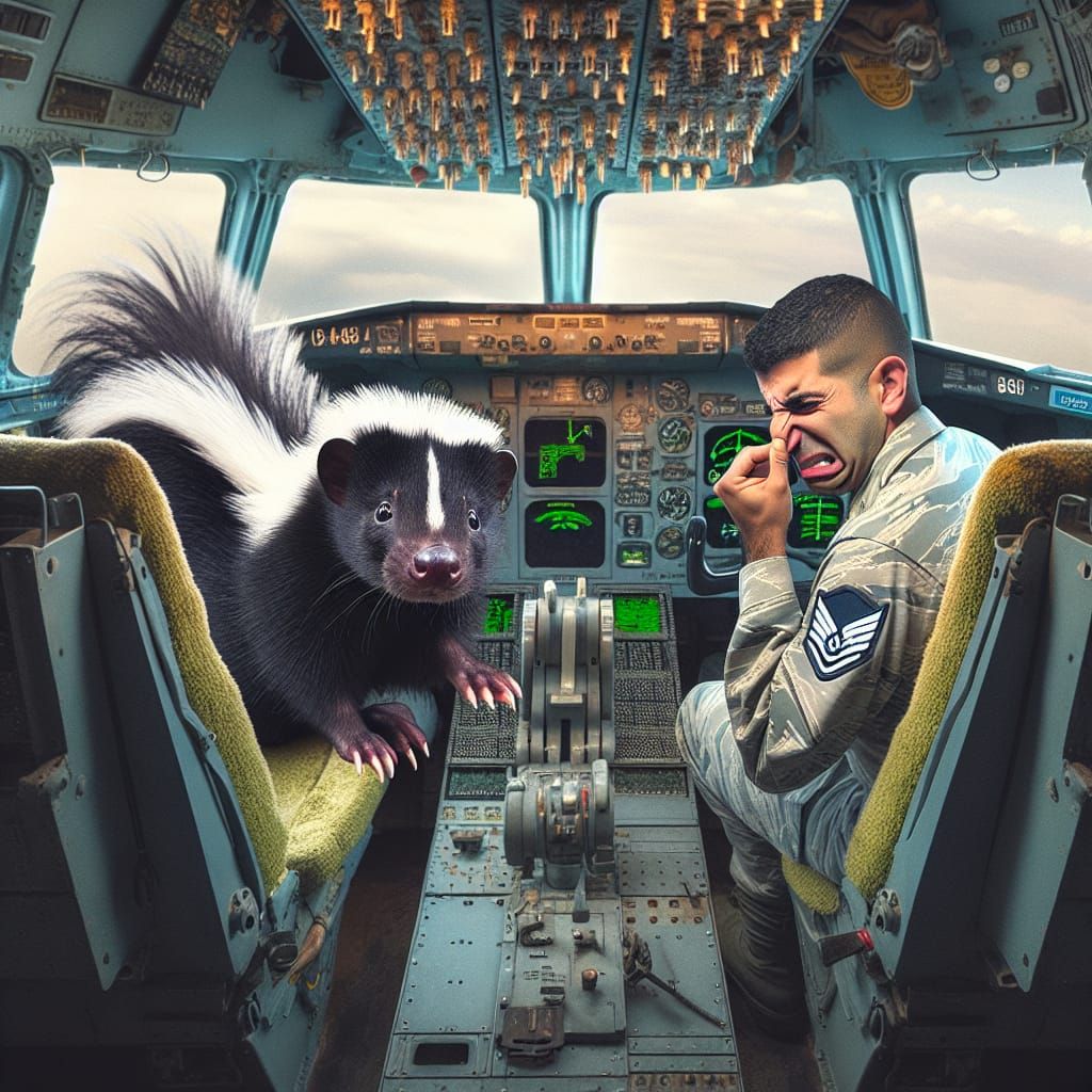 Photo of a (skunk in the cockpit inside a B-52 Stratofortress:1.5) taken through the forward cockpit window. A (US Air F...