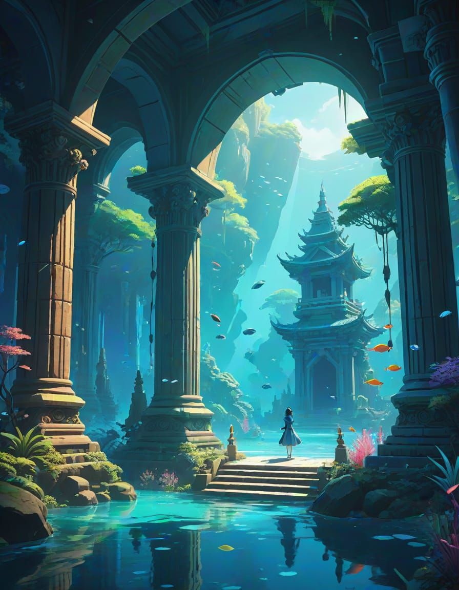 Ethereal Underwater Temple in Anime Style