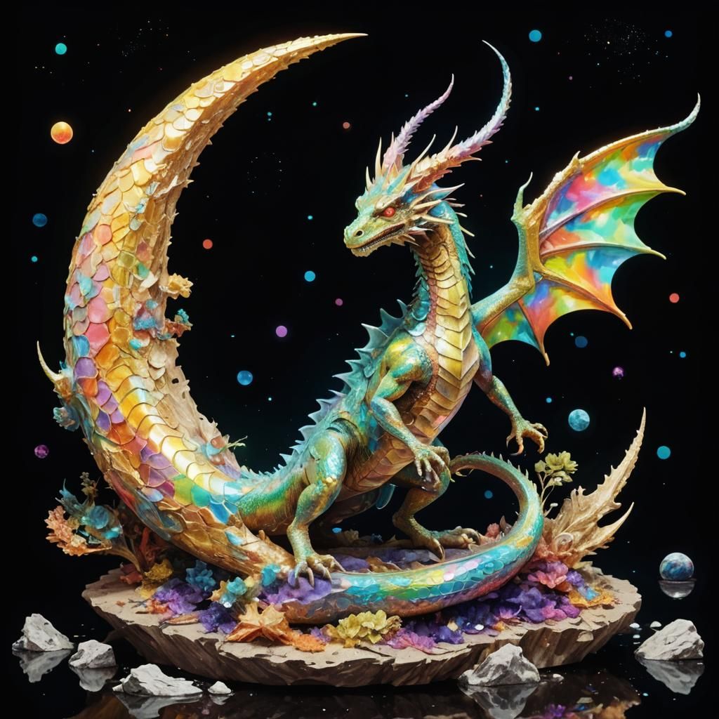 Hyper-Detailed Axolotyl Dragon in Glitch Art Print Style