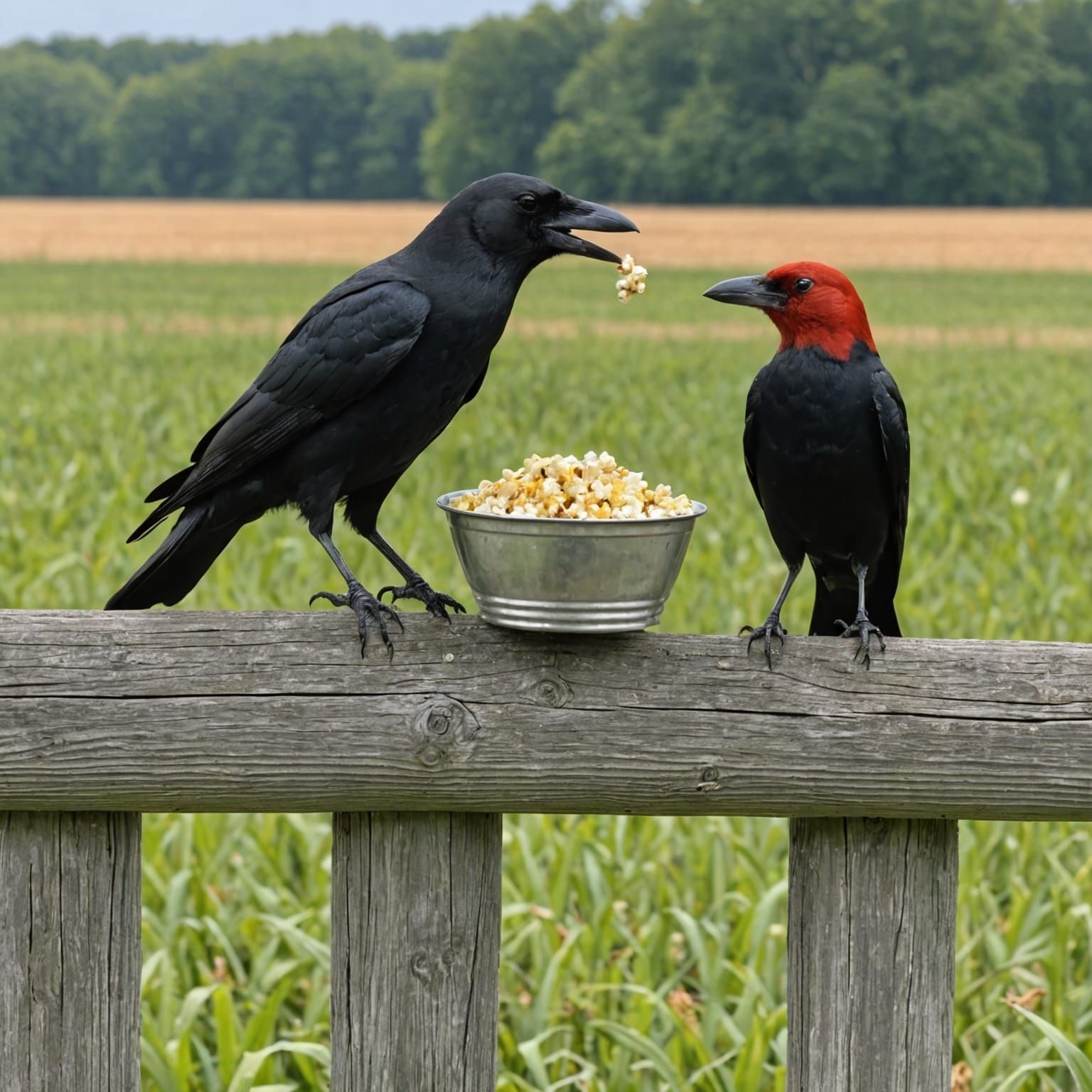 Crow and Woodpecker Share Popcorn on Farm Fence