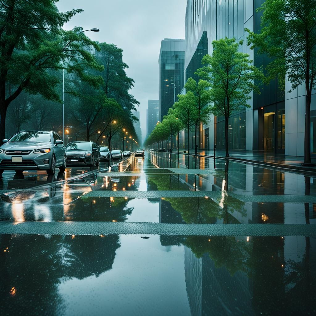 Rainy City Street Reflection