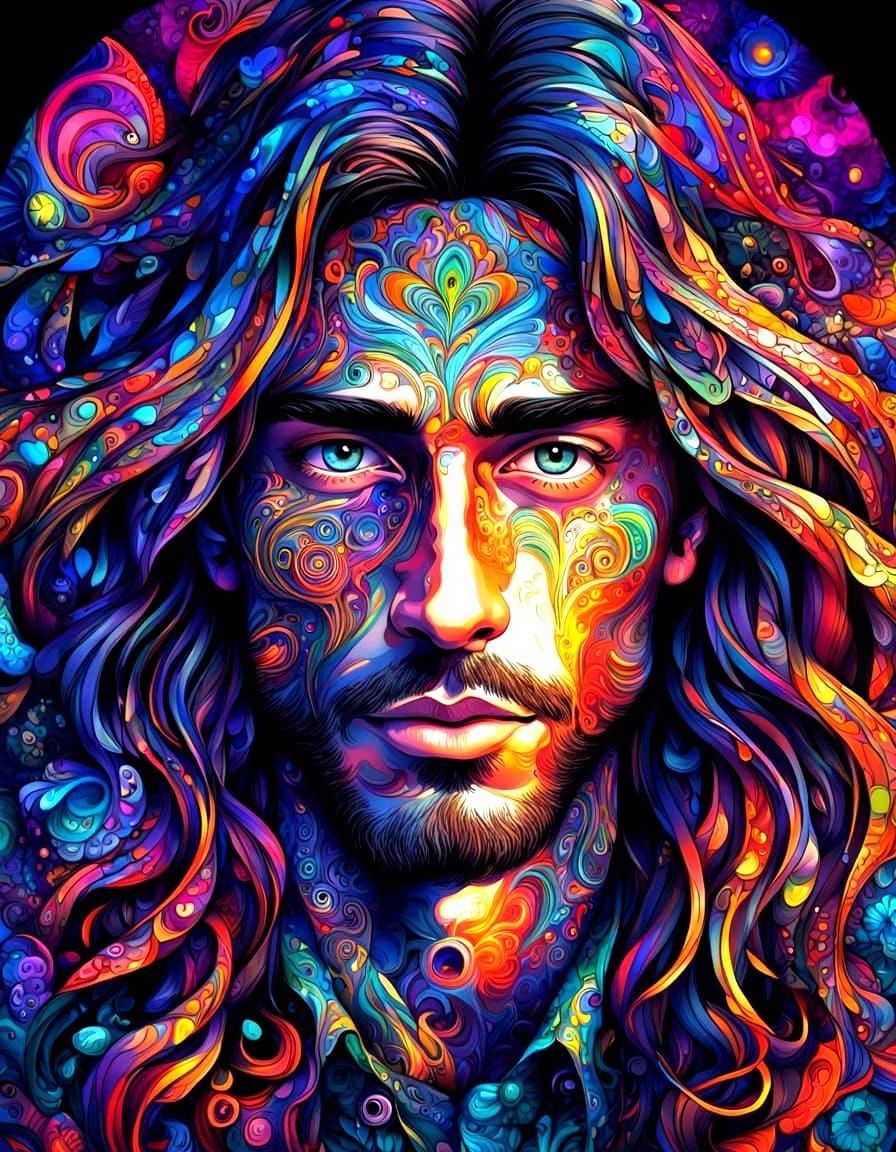 Psychedelic Manga Portrait with Glowing Neon Colors