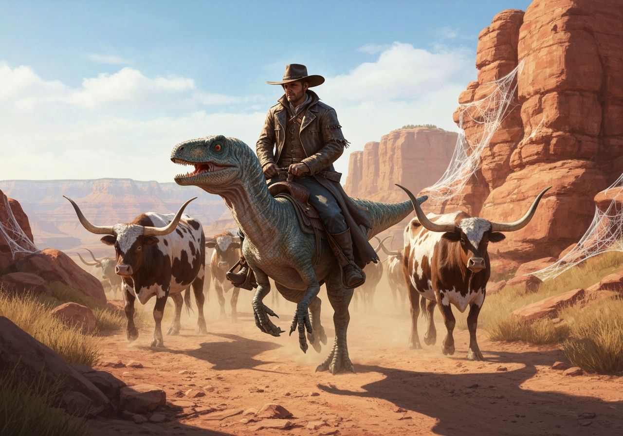 Cowboy Rides a Velociraptor Through the Grand Canyon