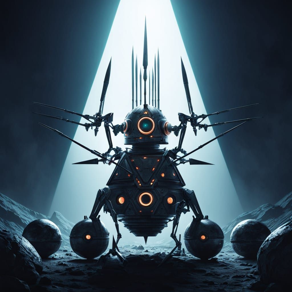 Pyramid Robot with Spears in Sci-Fi Landscape