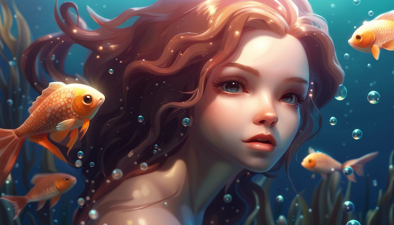 Beautiful Mermaid in Underwater World, Digital Art