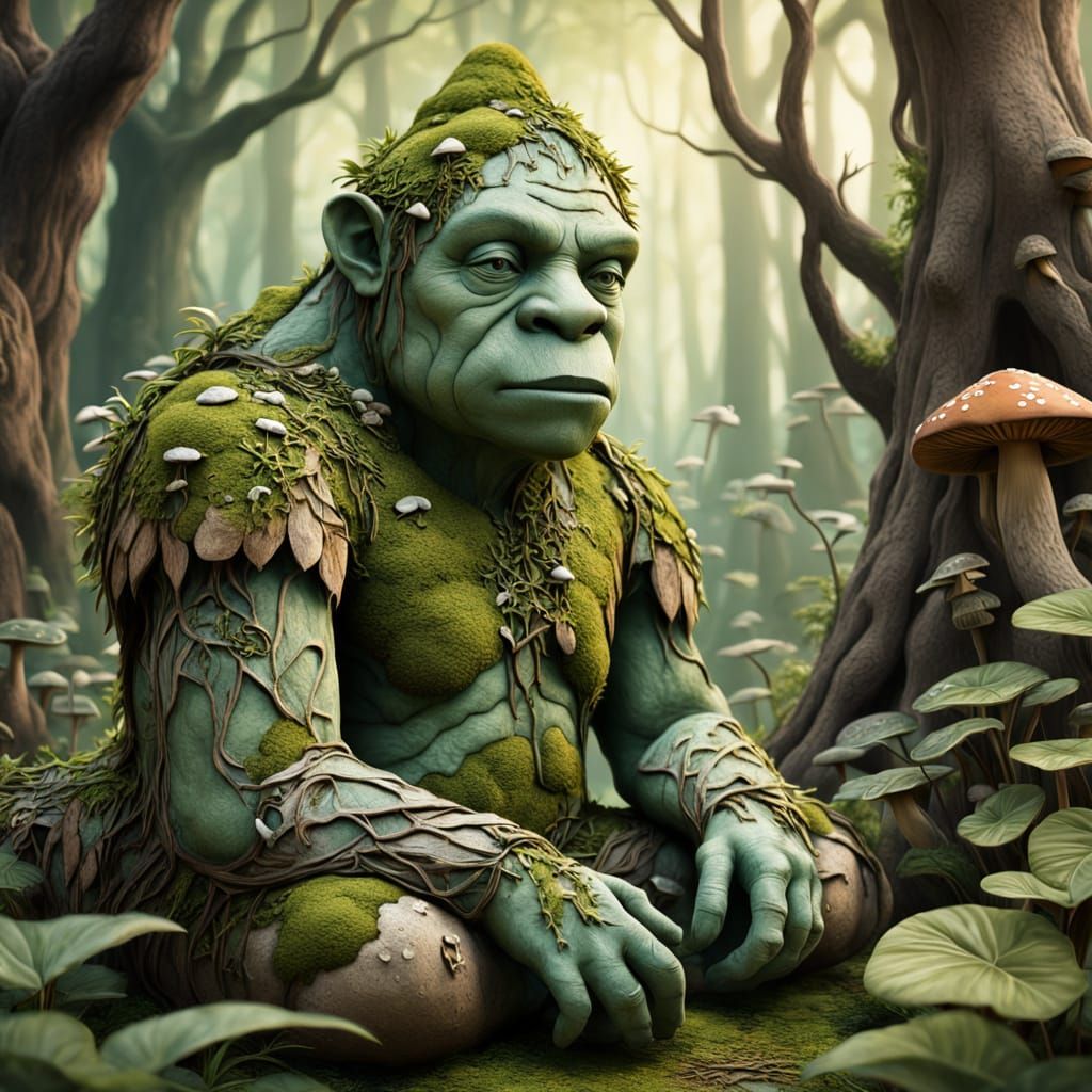Gentle Mossy Golem in Earthy Oil Painting Style
