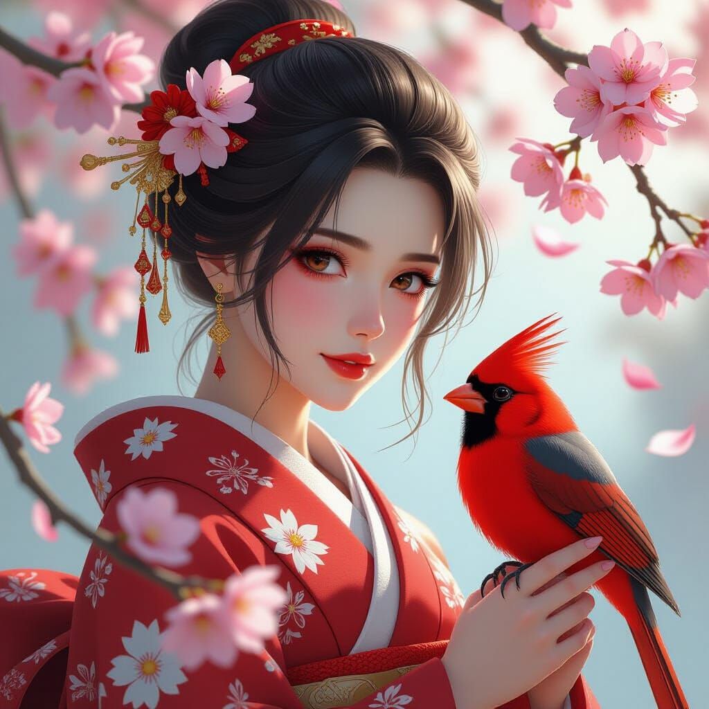 Cardinal Perched on Japanese Cherry Blossoms in Dynamic Ligh...