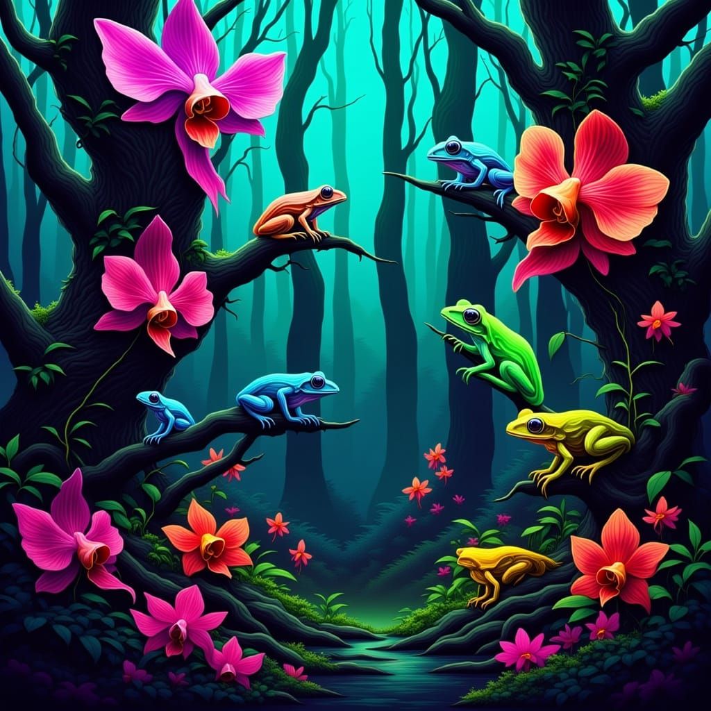 Bioluminescent Frogs and Orchids in Glowing Jungle