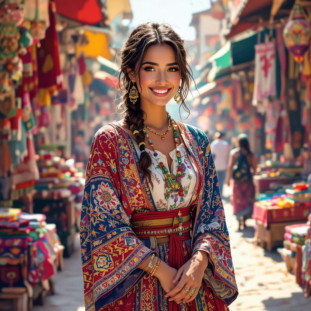 Woman in Traditional Clothing in a Vibrant Marketplace