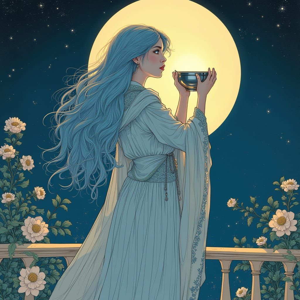 Moonlit Woman with Silver Bowl in Art Nouveau Style