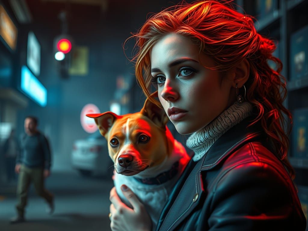 Hyperrealistic Woman and Dog in Dystopian Scene