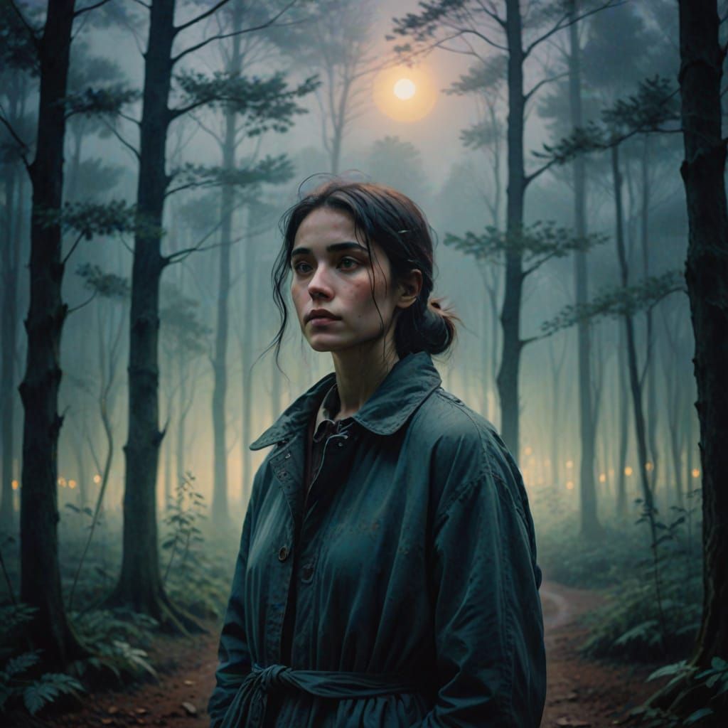 Ethereal Woman in Moonlit Forest