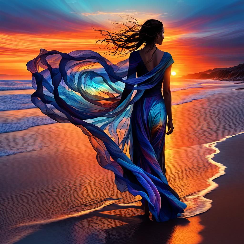 a woman is walking on the beach at sunset, breathtaking fantasy art, beautiful flowing fabric, auras, within radiate con...