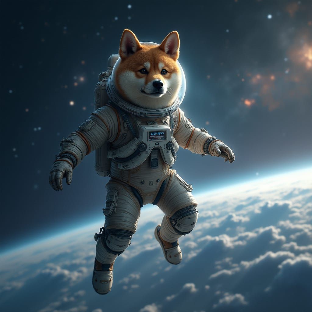 Shiba Inu Astronaut Floats Near Earth in Sci-Fi Realism