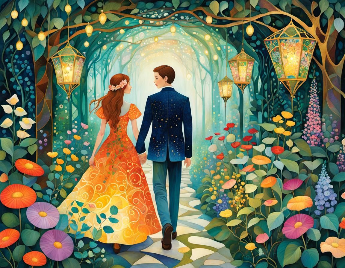 Secret Garden Walk: Klimt-Inspired Digital Illustration