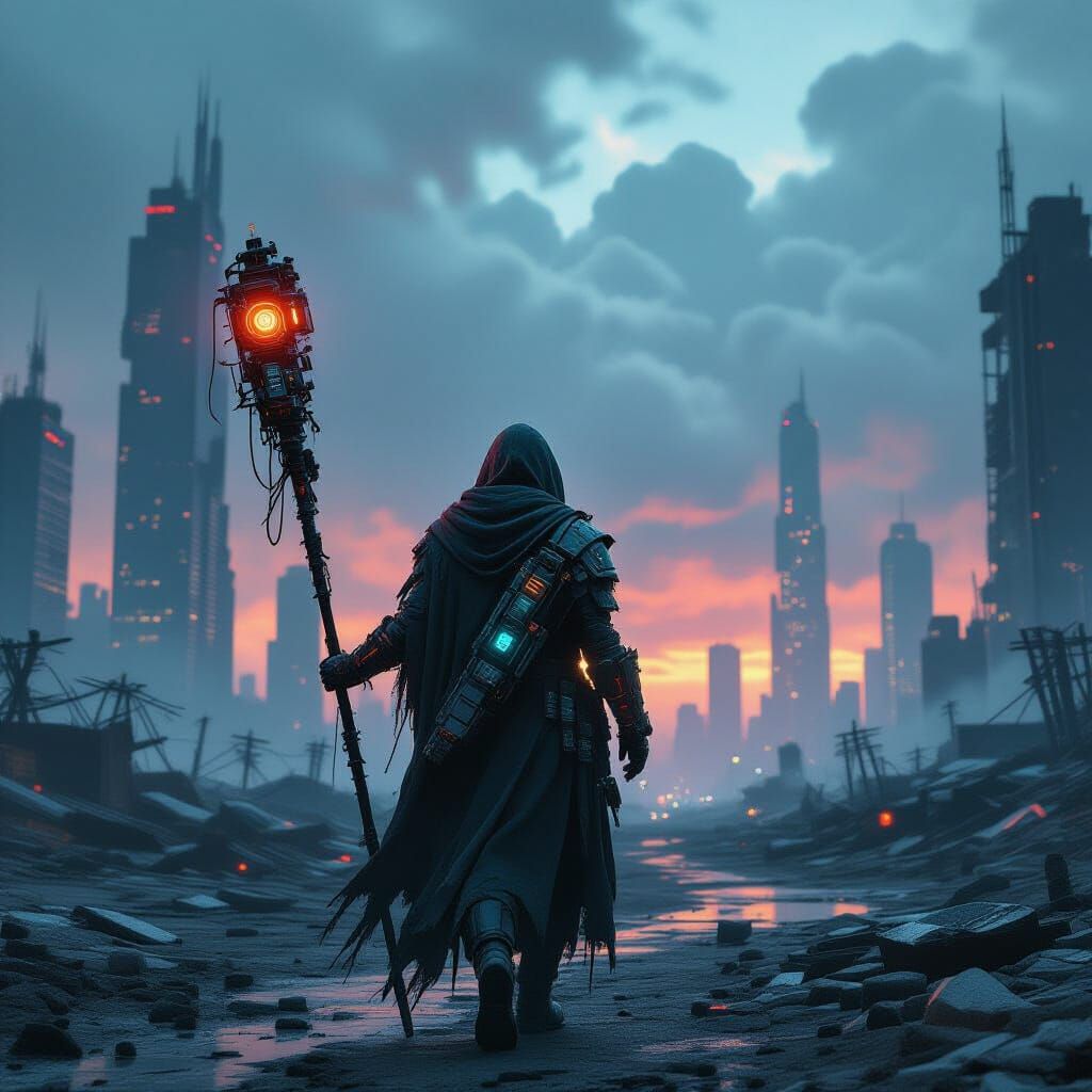 Cyberpunk Wanderer in Post-Apocalyptic Wasteland