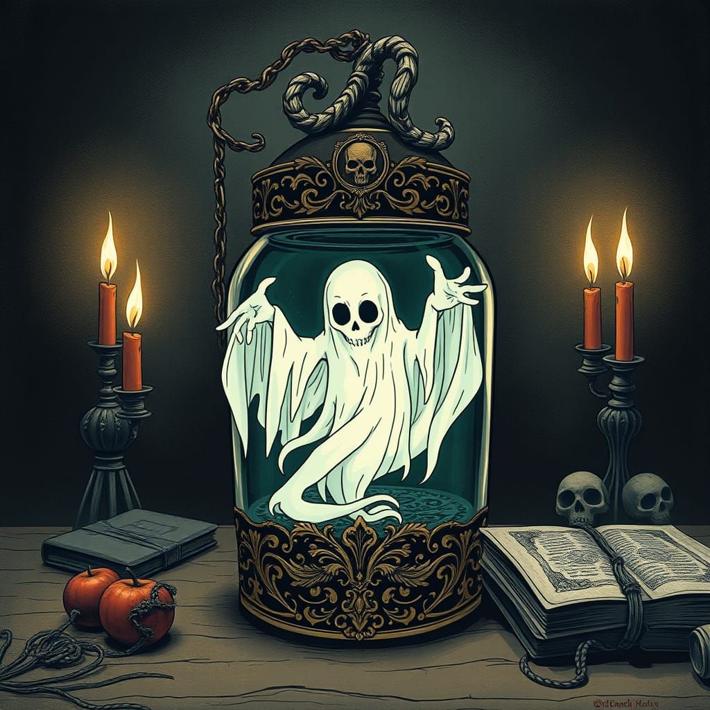 Whimsical Gothic Spirit Trapped in a Macabre Jar