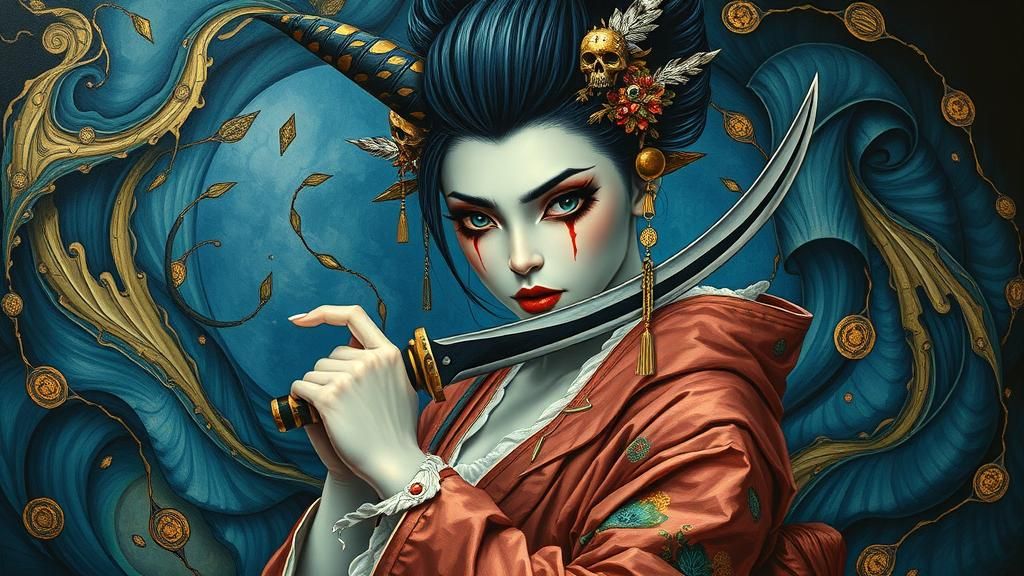 Haunting Geisha with Tanto in Surreal Landscape
