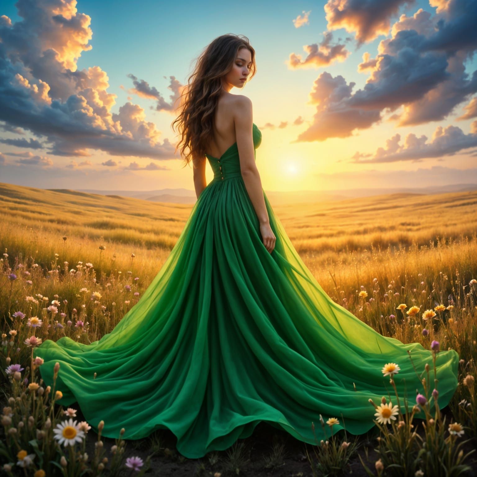 Emerald Dress Lady in Golden Twilight Fantasy Art