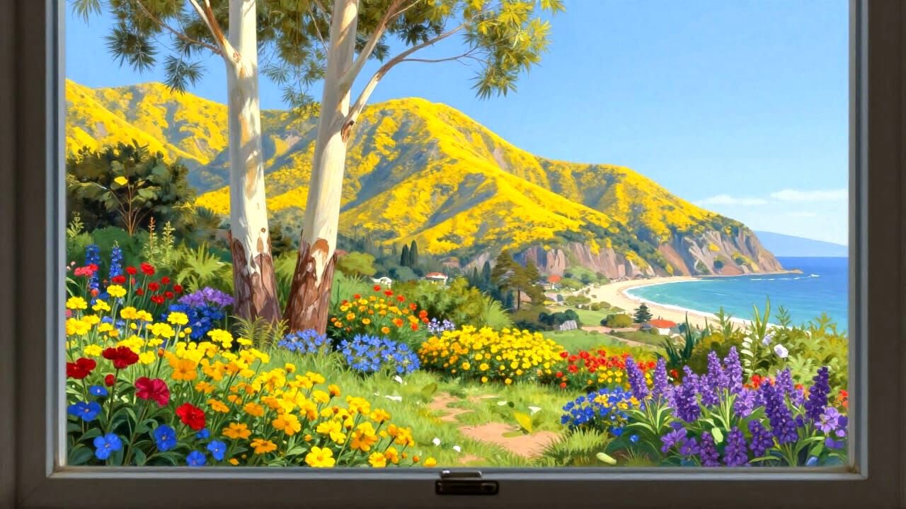 Window View of Eucalyptus Trees and Flower-Covered Mountains