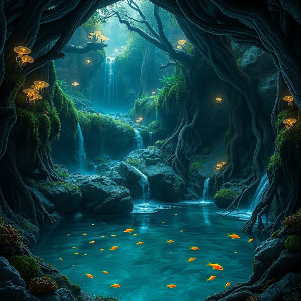 Bioluminescent Grotto: A Hyperrealistic Hidden Paradise