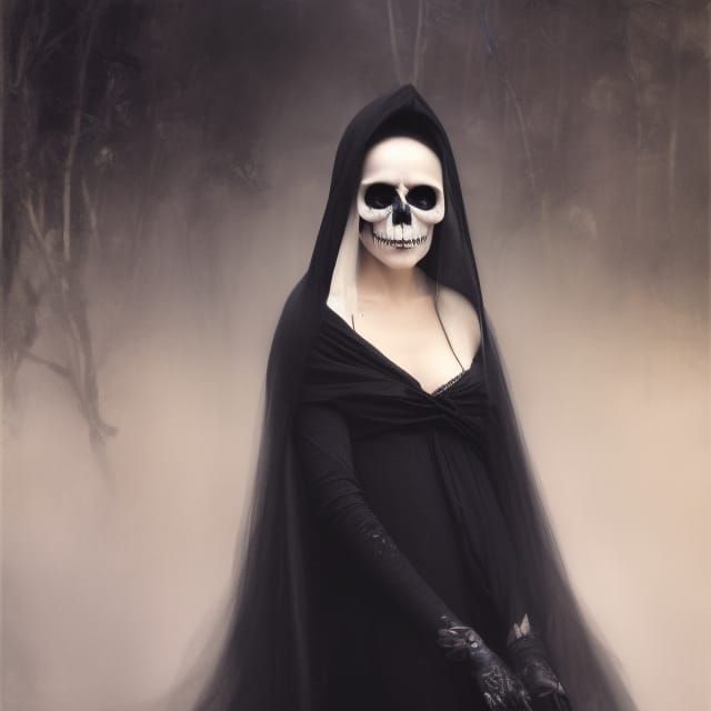 Pale Woman Skull in Gothic Dress and Hood