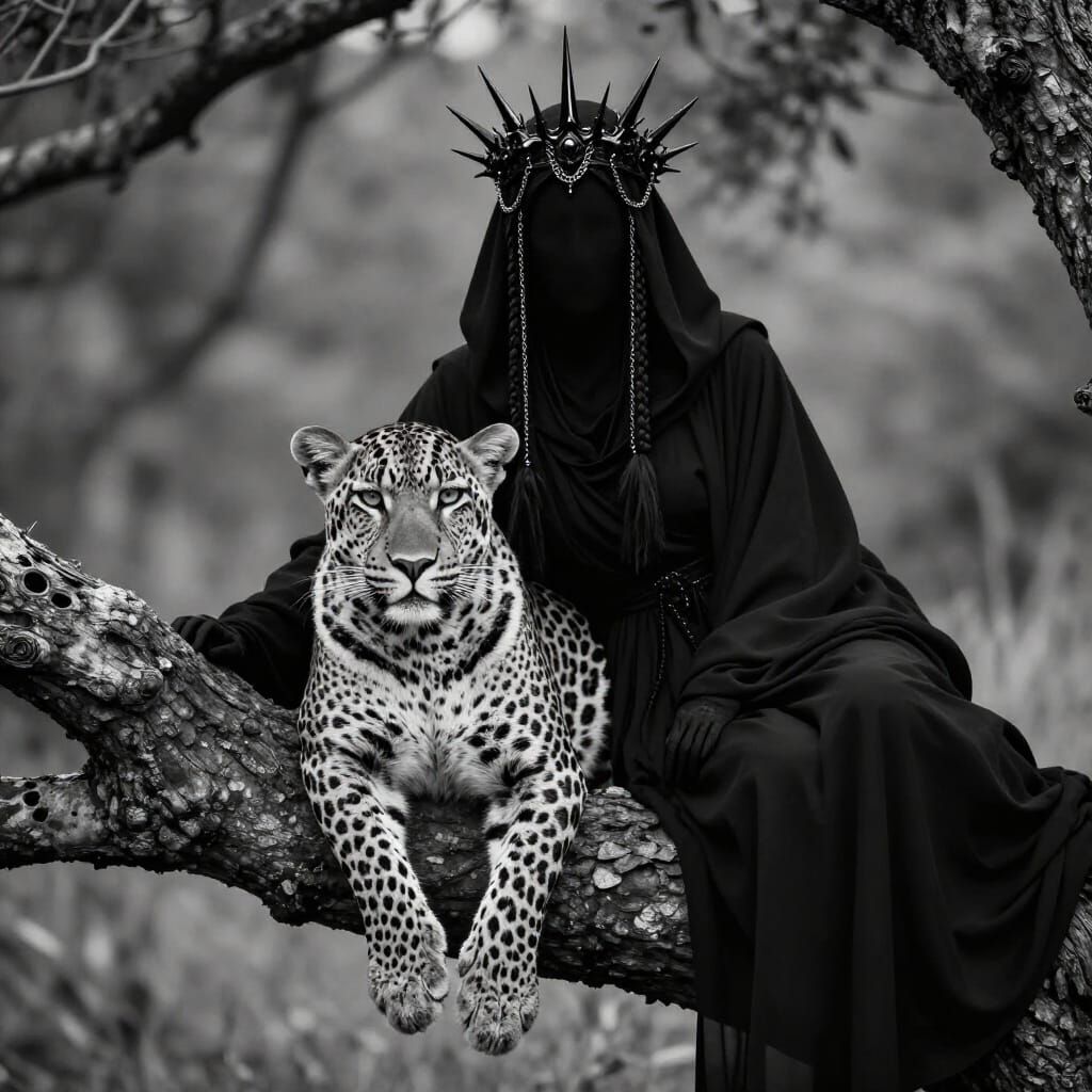 Mysterious Hooded Figure and Leopard in Cinematic B&W Portra...