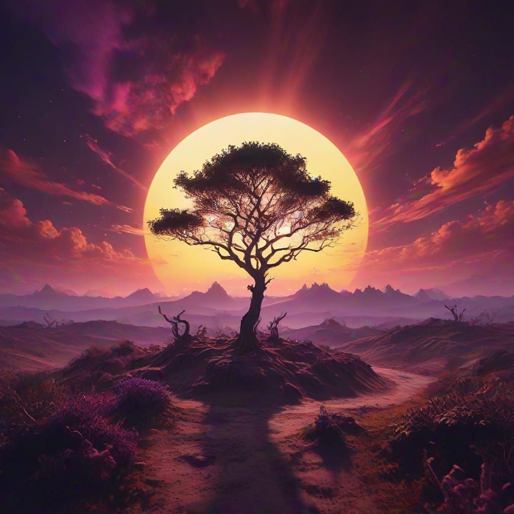 Surreal Landscape with a Glowing, Distorted Sun
