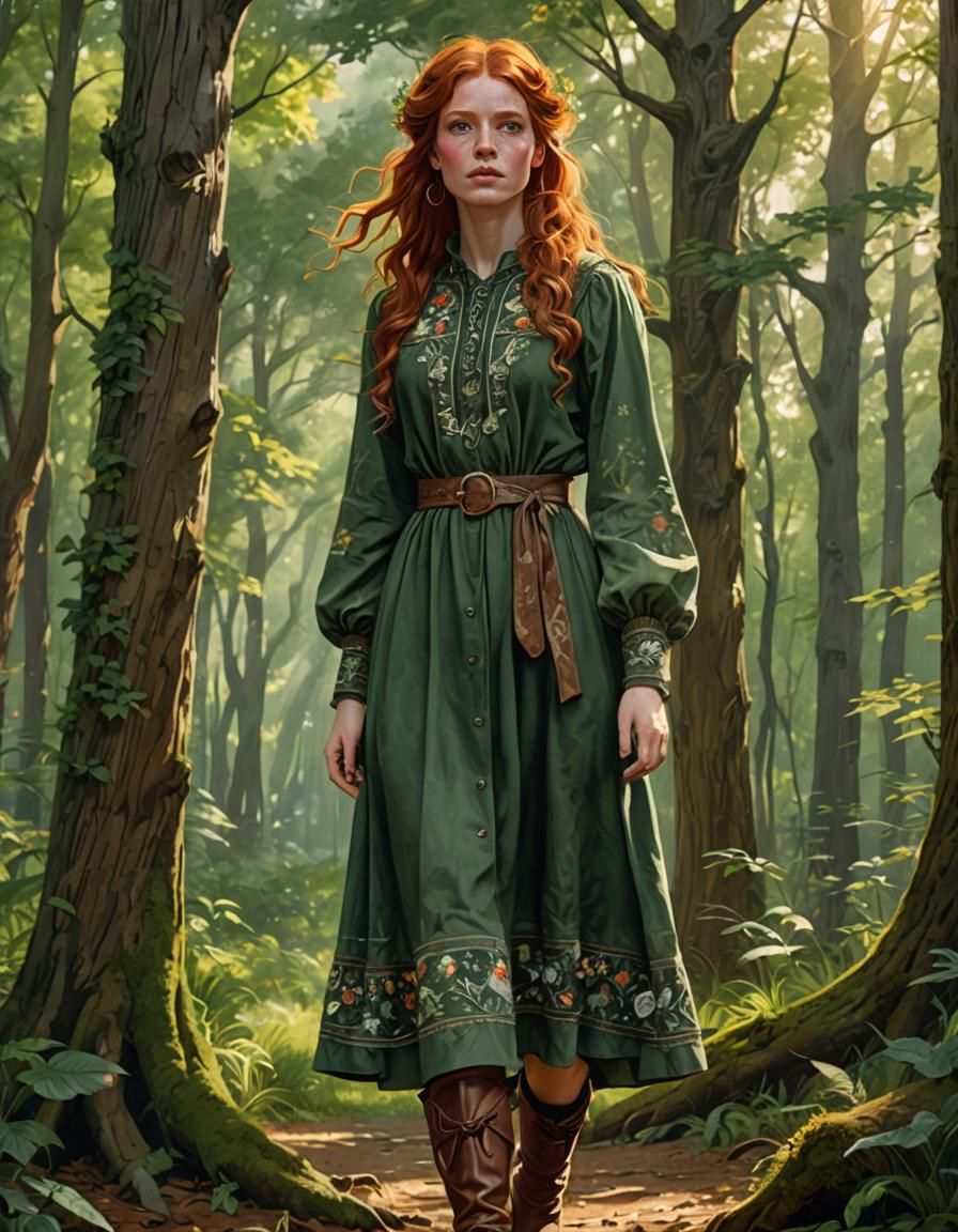 Redhead in Forest Green Dress, Art Nouveau Portrait