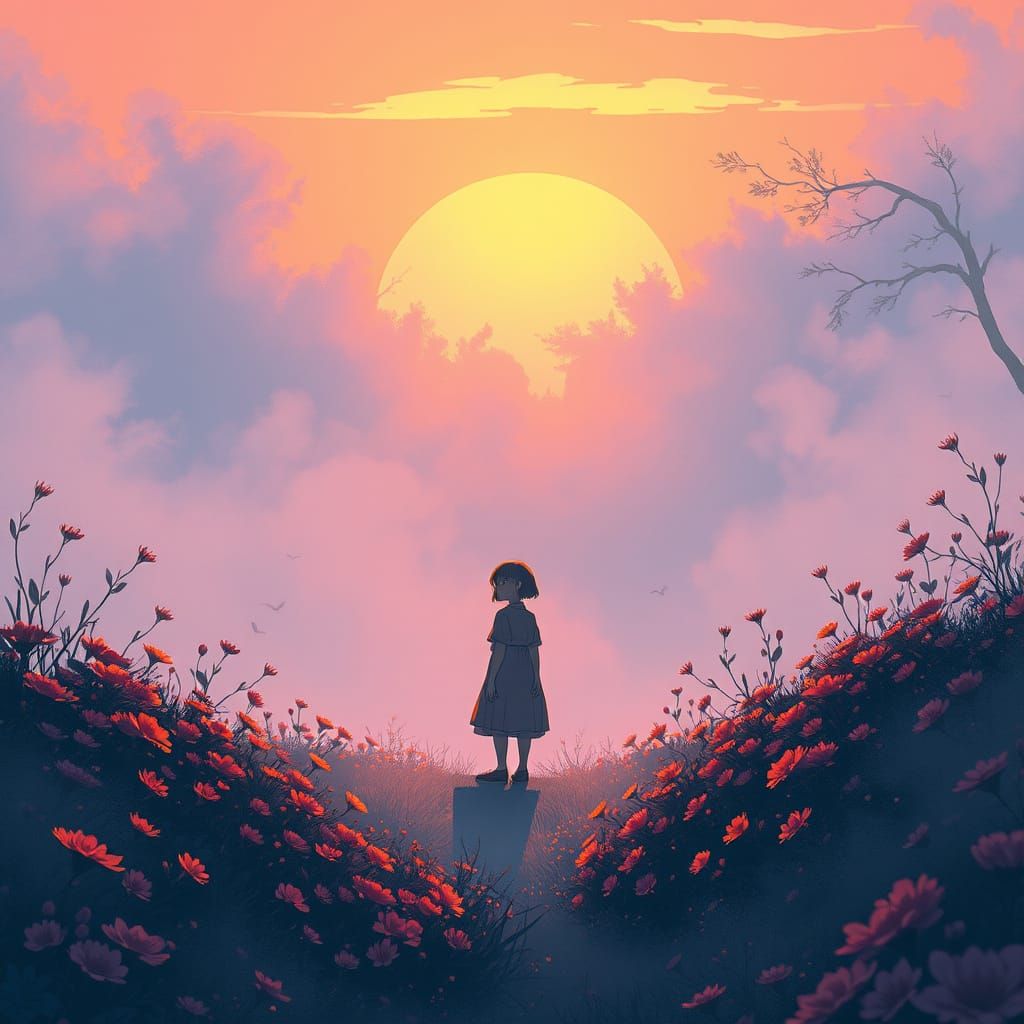 Surreal Anime Landscape in a Gentle Sunrise Glow
