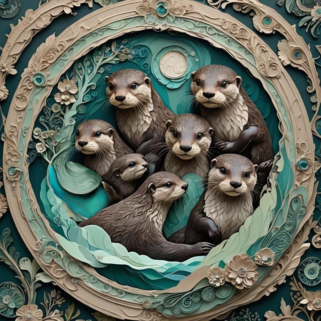 Playful Otters Circle in Colorful Collage