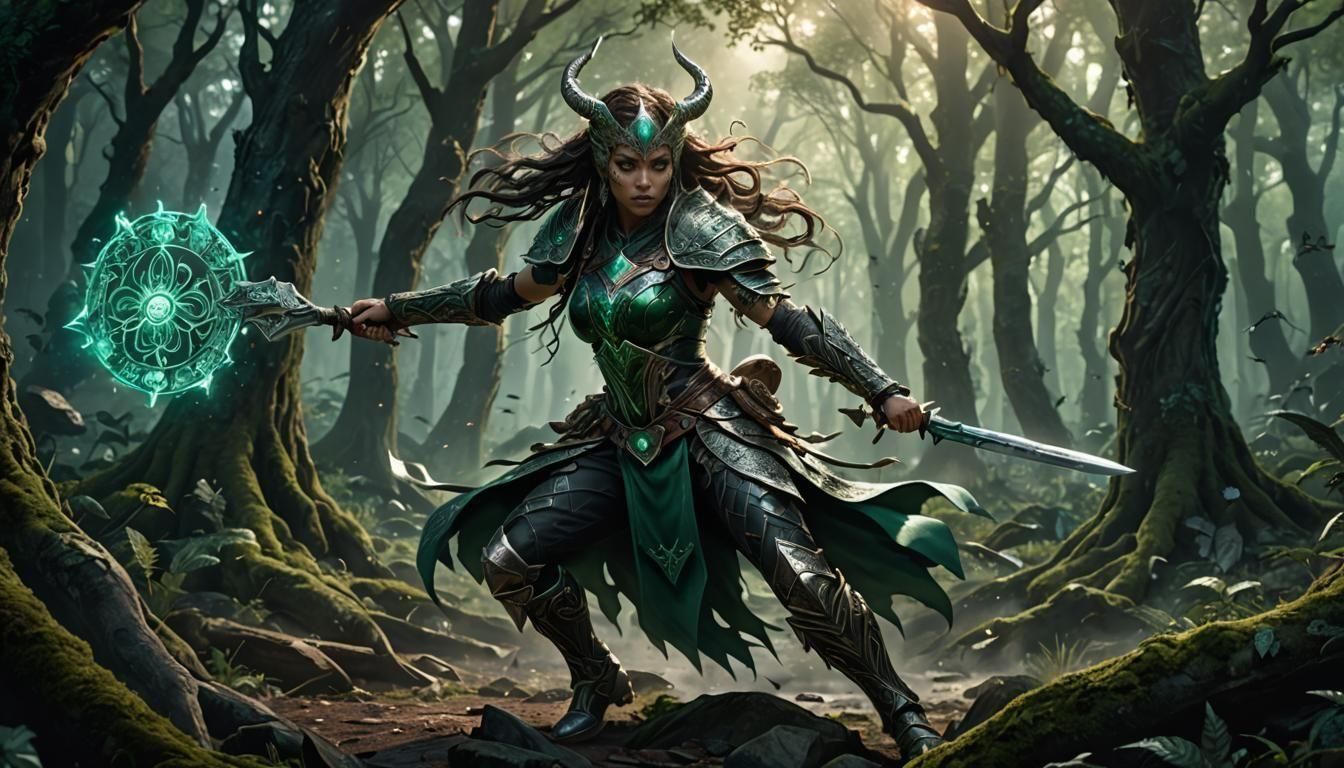 Vixen Warrior Faces Demon in Mystical Forest