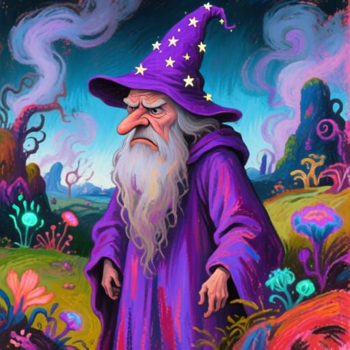 Grumpy Wizard in Enchanted Landscape Oil Pastel Art
