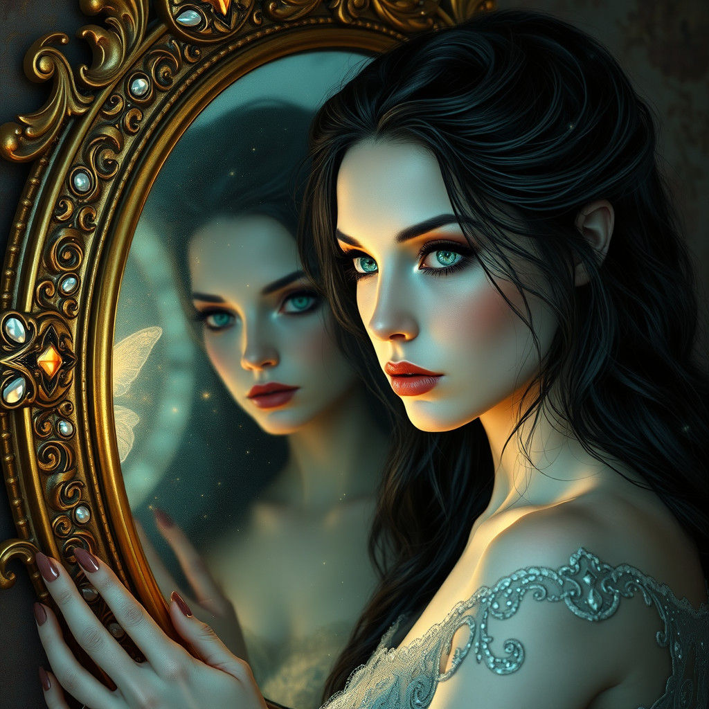 Mystical Woman Before Golden Mirror