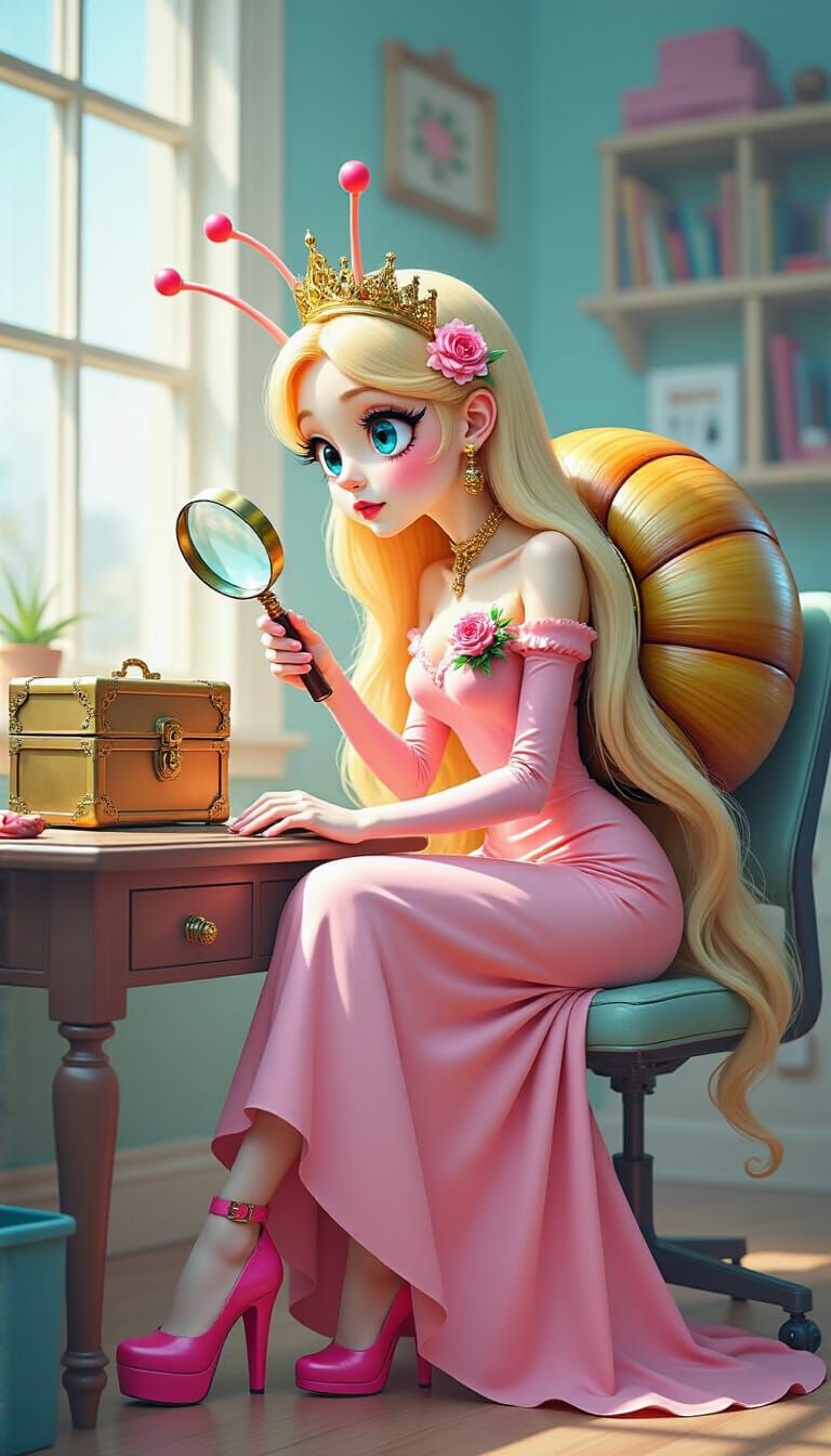Snail Princess Investigates Locked Box in Whimsical Style