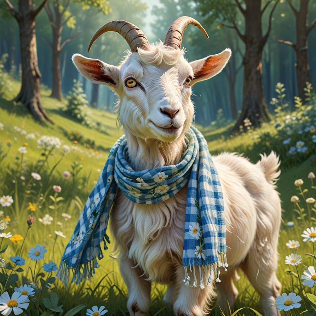 Whimsical Goat in Gingham Print Scarf