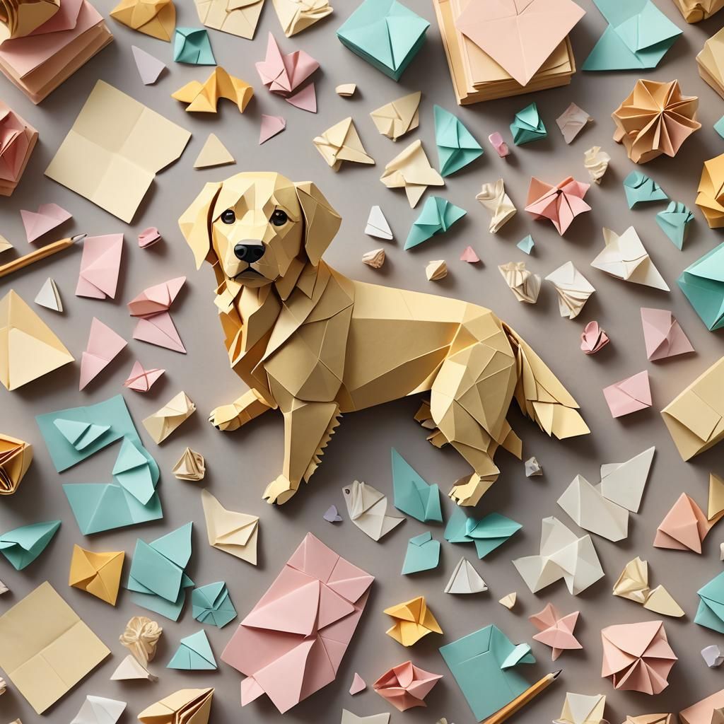 Origami Golden Retriever Papercraft in Pastel Colors