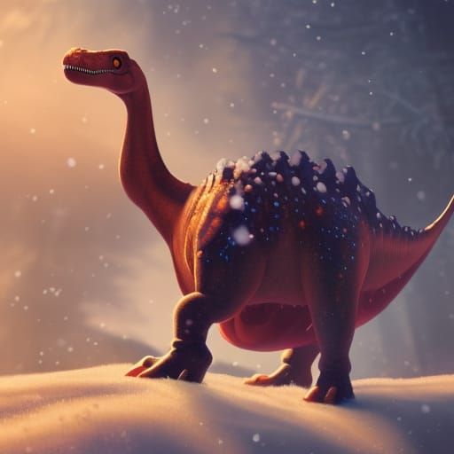 Kawaii Dinosaur in Pixar Style with Snowflakes