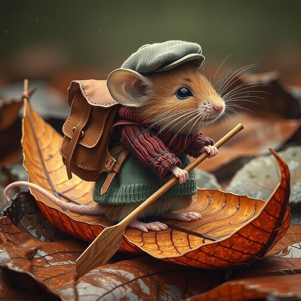 Mouse Embarks on River Adventure in Leaf Canoe