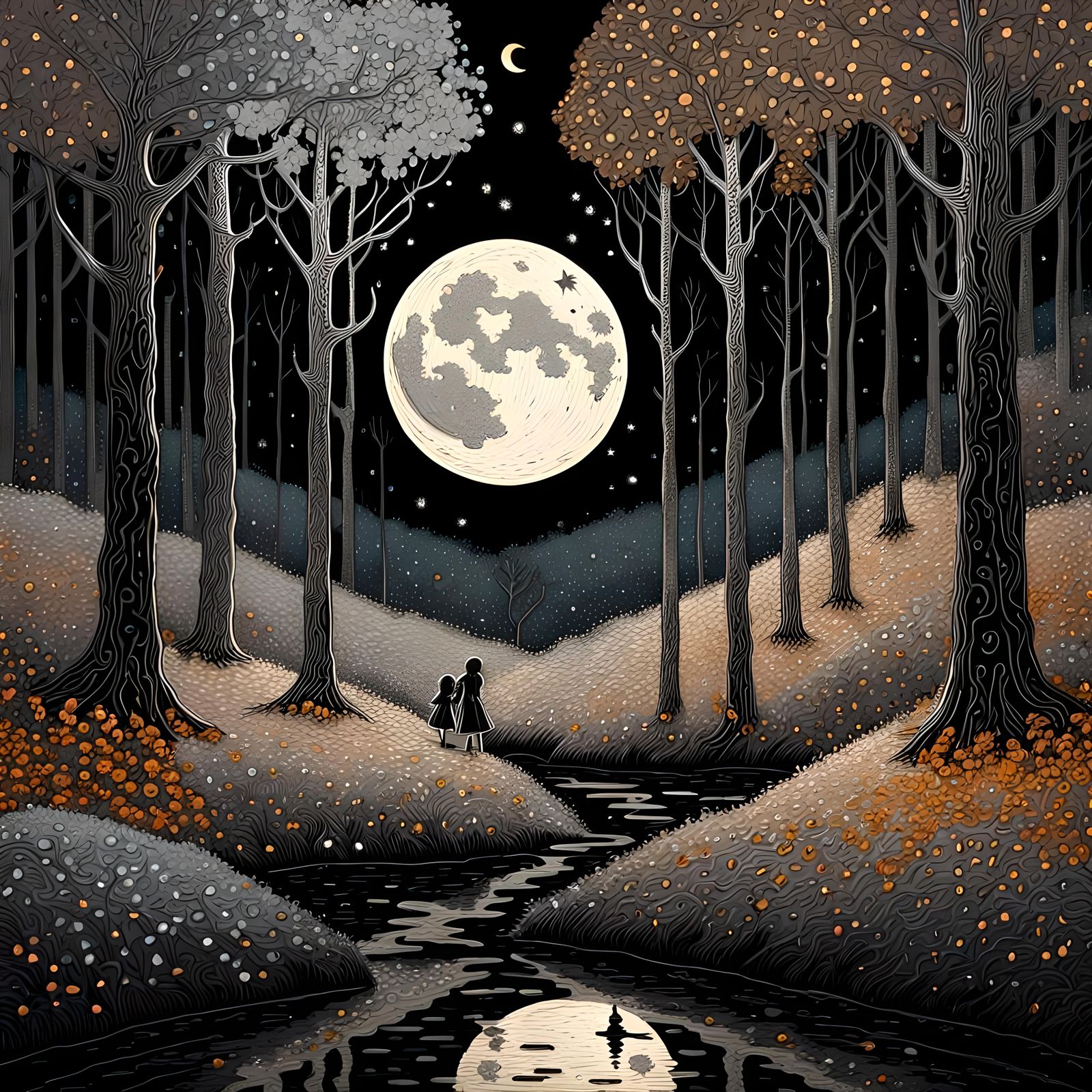 Fairy tale forest with silver autumn leaves, silver moon, pa...