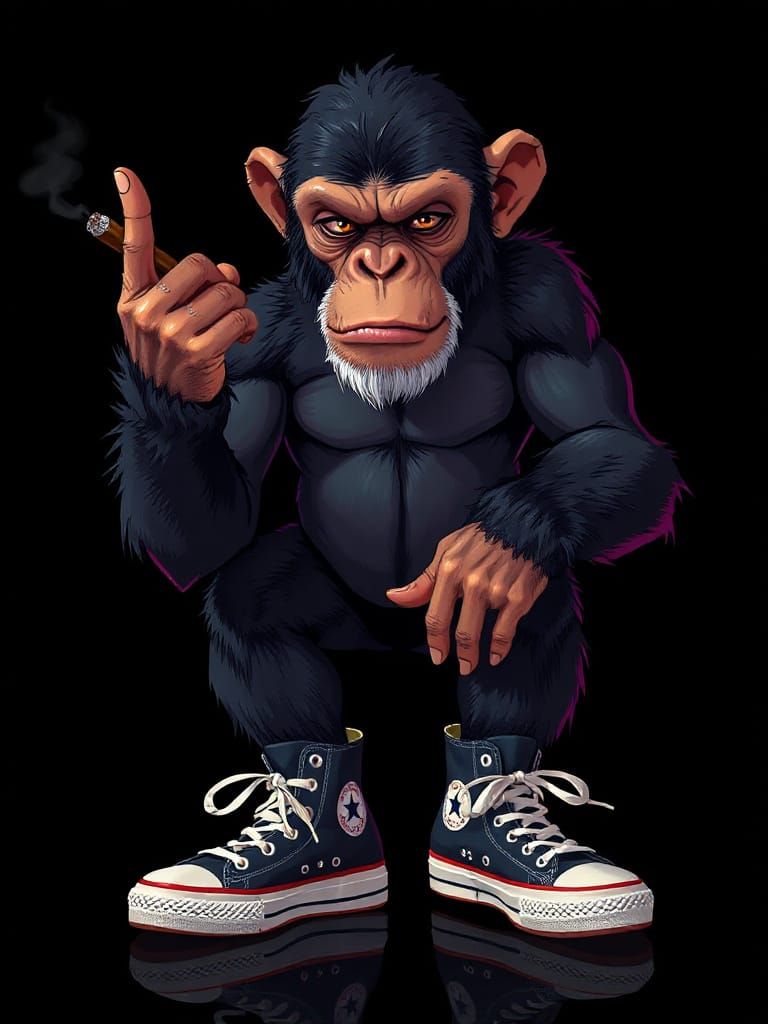 Dark Grey Chimpanzee in Streetwear Attire, Full Shot, Low An...
