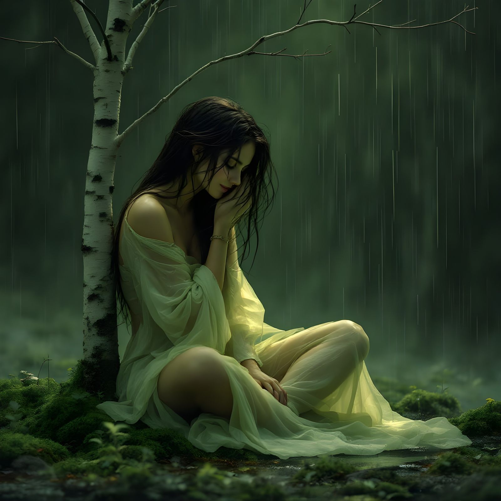 Norse Goddess in Autumn Rain: Ethereal Monochrome Scene