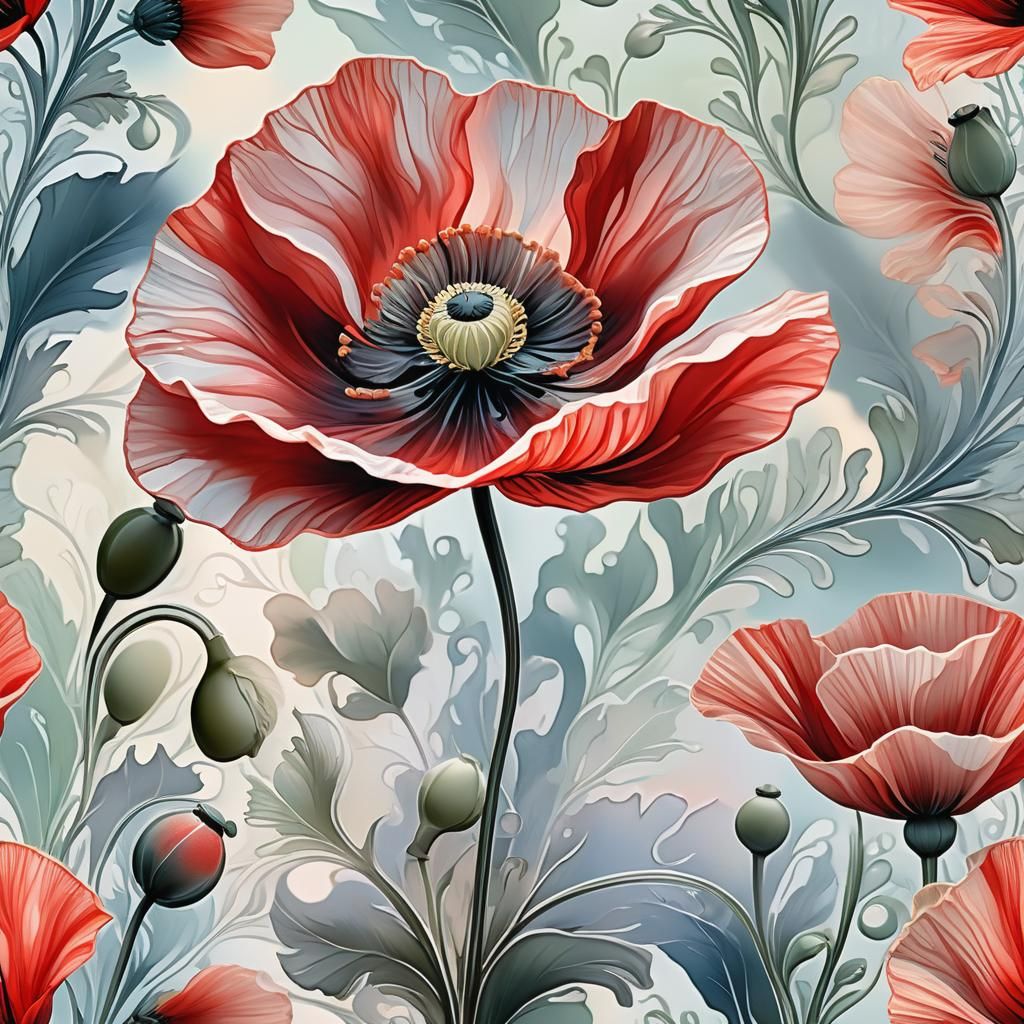 Dreamy Watercolour Poppy Blossom with 3D Shading