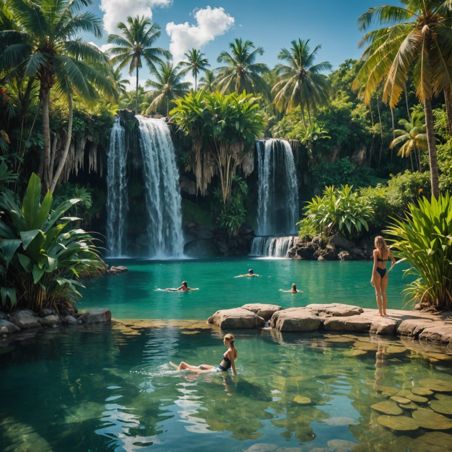 Women Swim in Pond with Waterfall Background