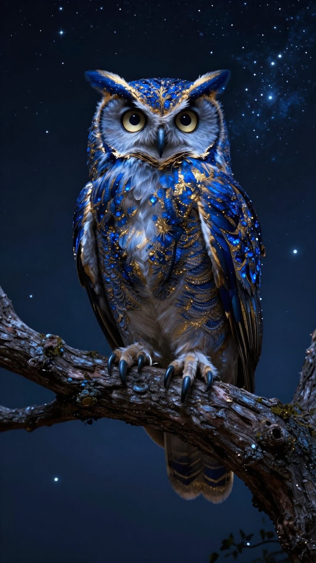 Majestic Sapphire Owl in Ethereal Night Sky