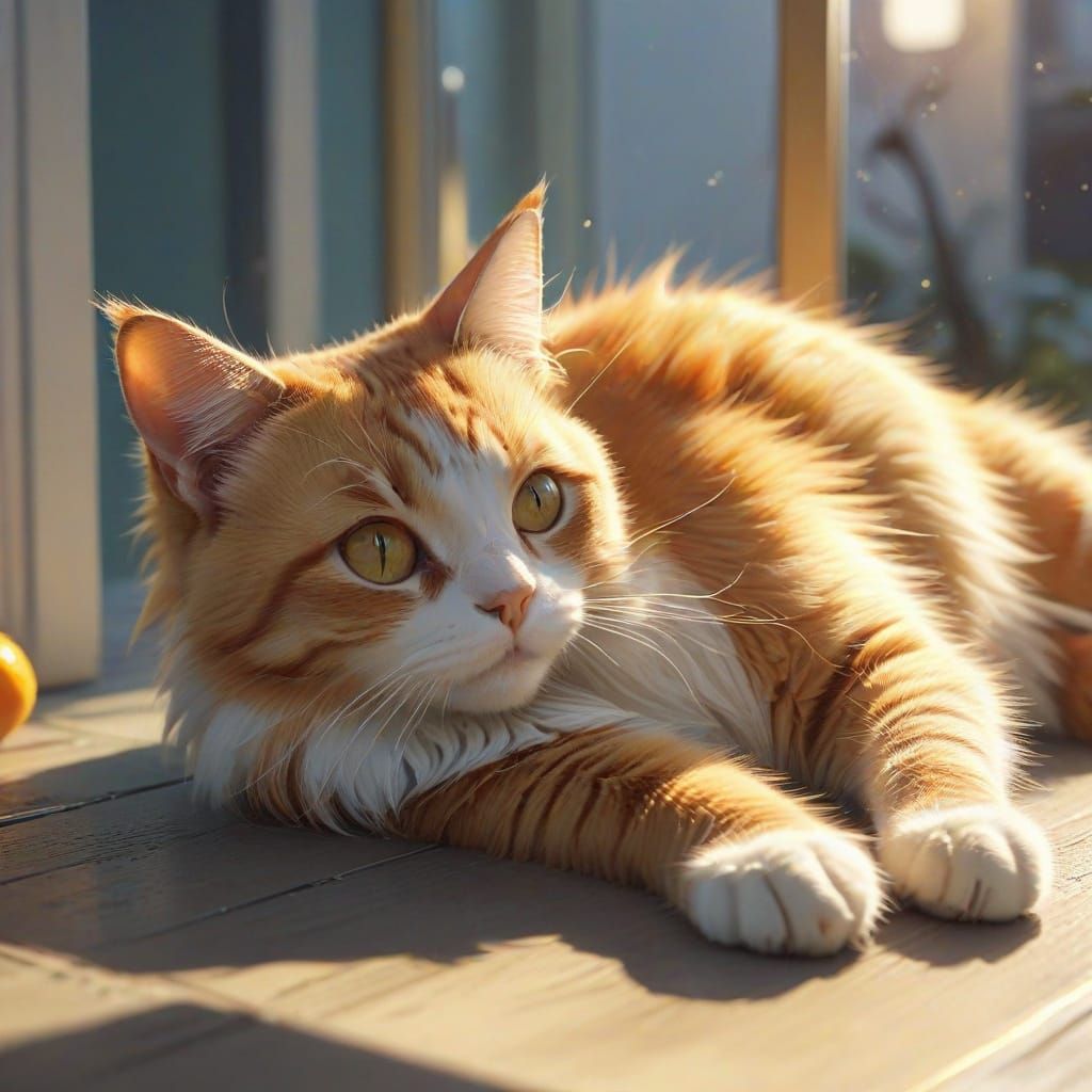 Vibrant Anime Calico Cat Basks in Warm Sunlight