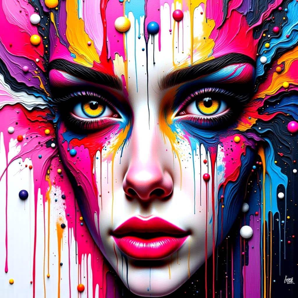 Pop Art Masterpiece with Galaxy Eyes and Swirling Paint