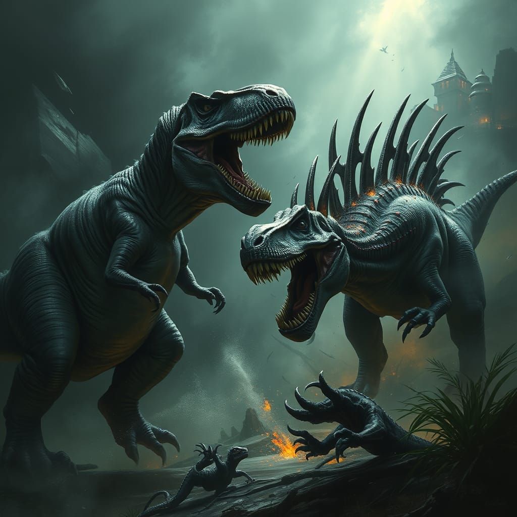 T-Rex vs Spinosaurus: Ferocious Battle in Dark Fantasy