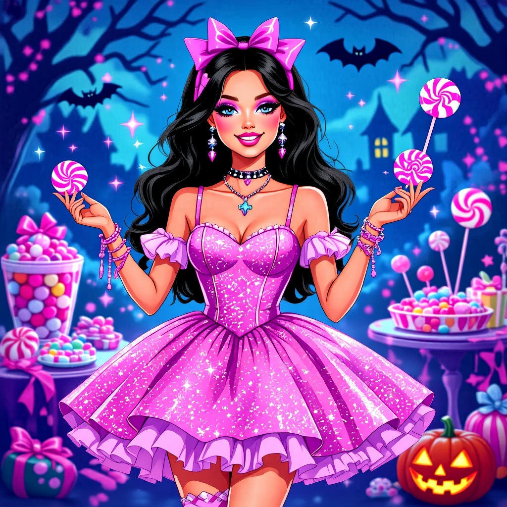 Pastel Goth Barbie with Magical Candy, Synthwave Style