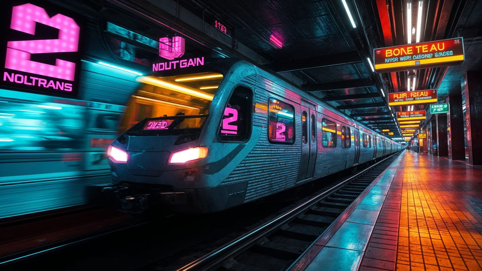 Cyberpunk Subway Train Speeds by in Neon-Lit Futuristic Scen...